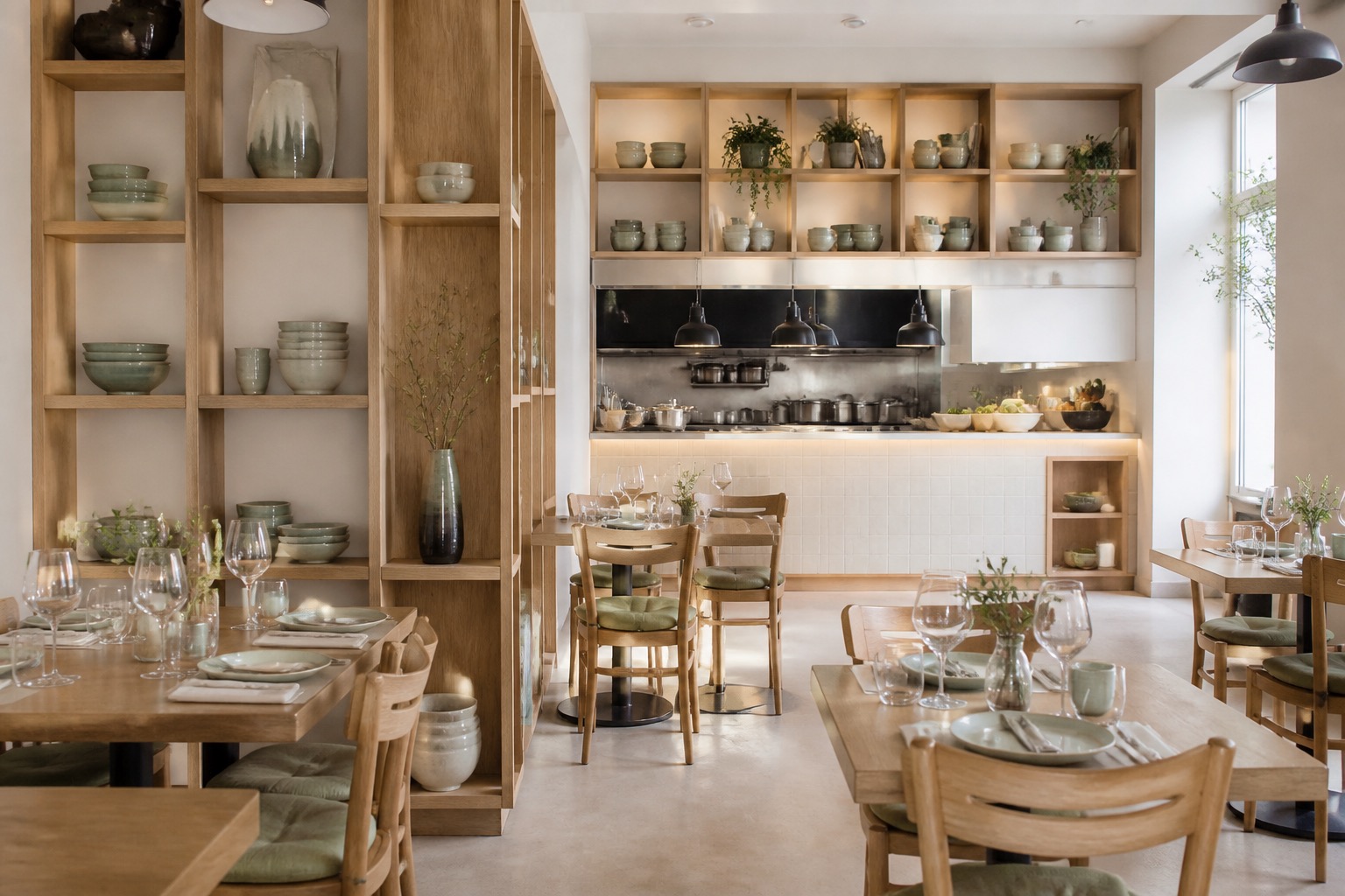 Jasna sala restauracji z dębowymi półkami i otwartą kuchnią